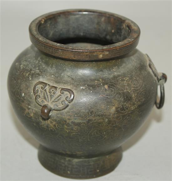 A Chinese bronze and silver inlaid ovoid jar, 16th / 17th century, 10.5cm